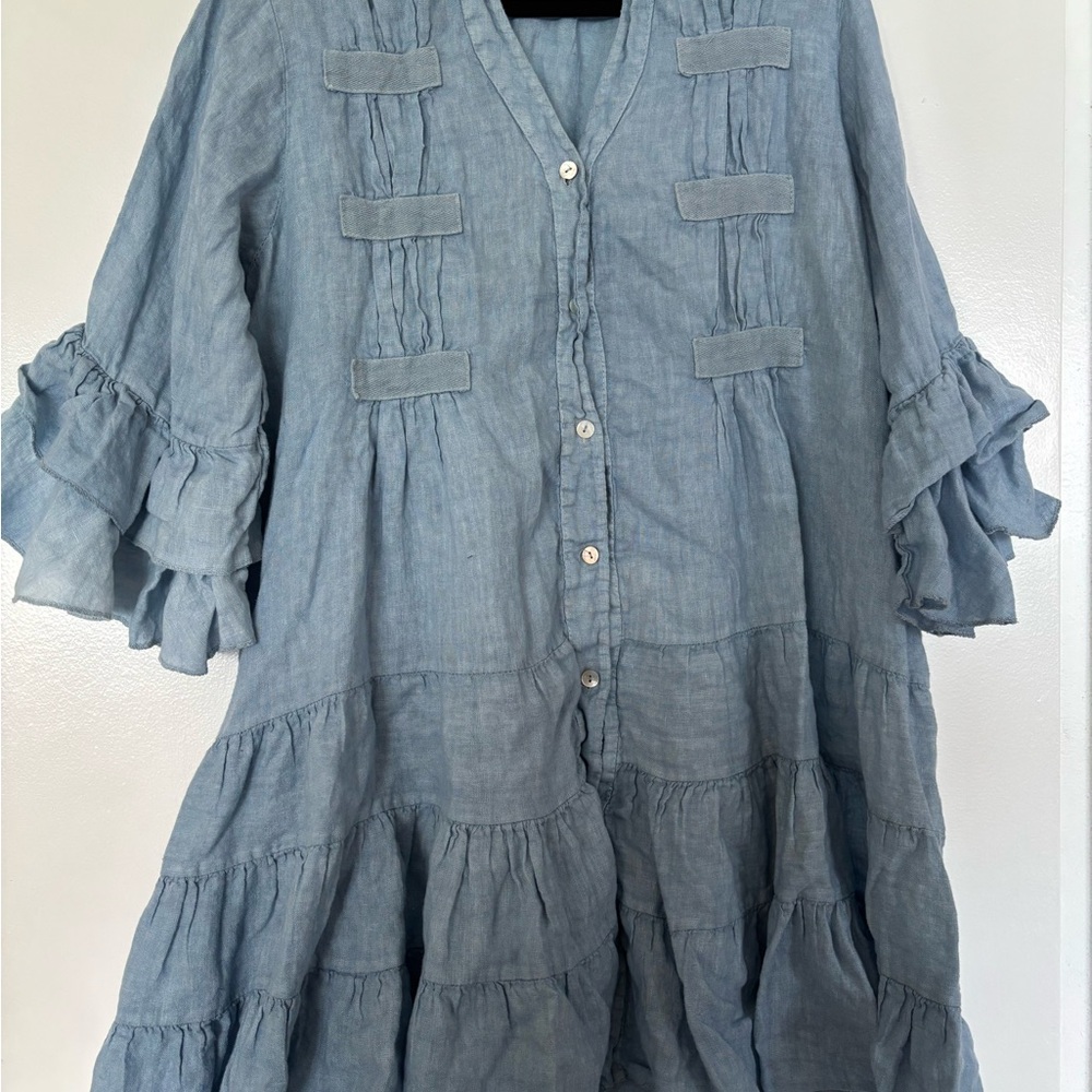 Blue Ruffled Linen Dress
